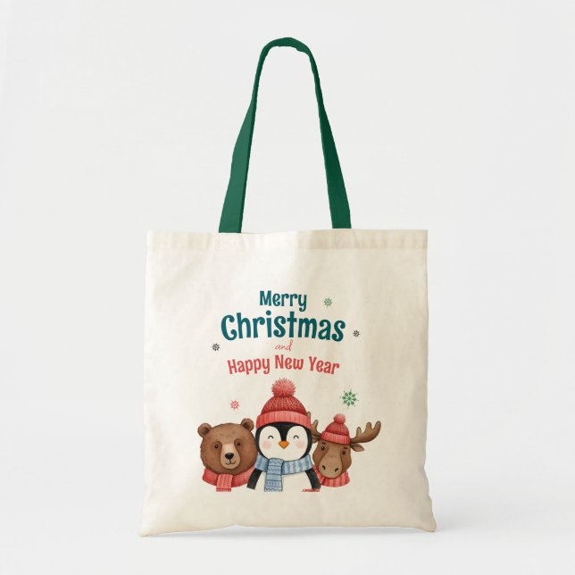 Cute Happy Animal Watercolor Christmas  Tote Bag (Front)