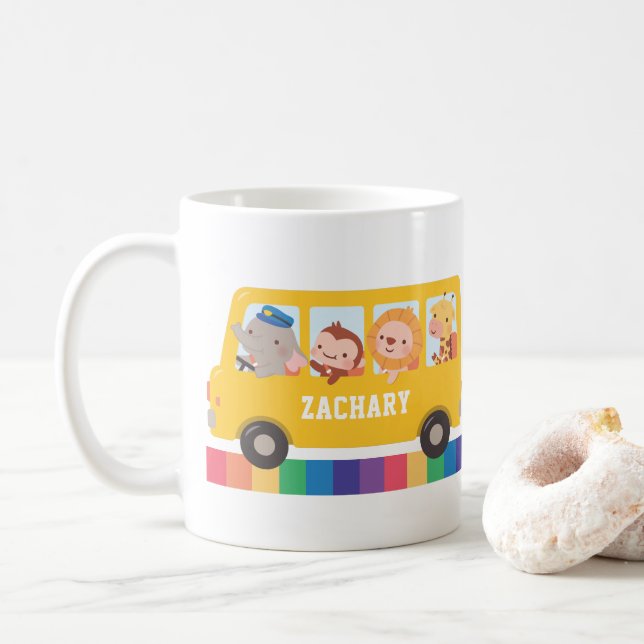 Cute Happy Animals and Yellow School Bus Kids Mug (With Donut)