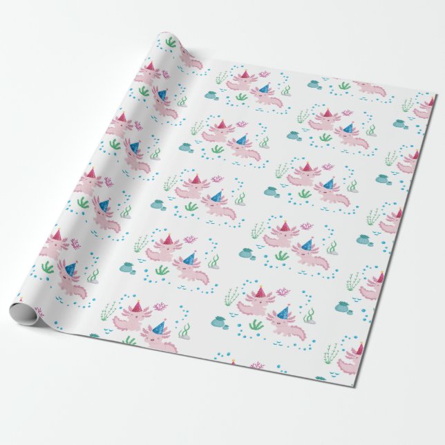 Cute Happy Axolotl Birthday Party White Wrapping Paper (Unrolled)