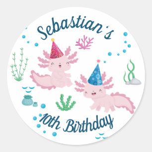 Cute Happy Axolotl White Birthday Party  Classic Round Sticker