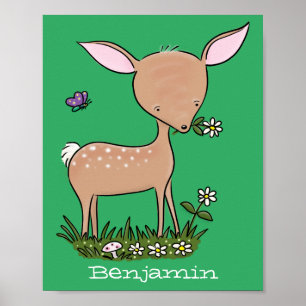 Cute happy baby deer cartoon illustration poster