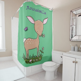 Cute happy baby deer cartoon illustration shower curtain