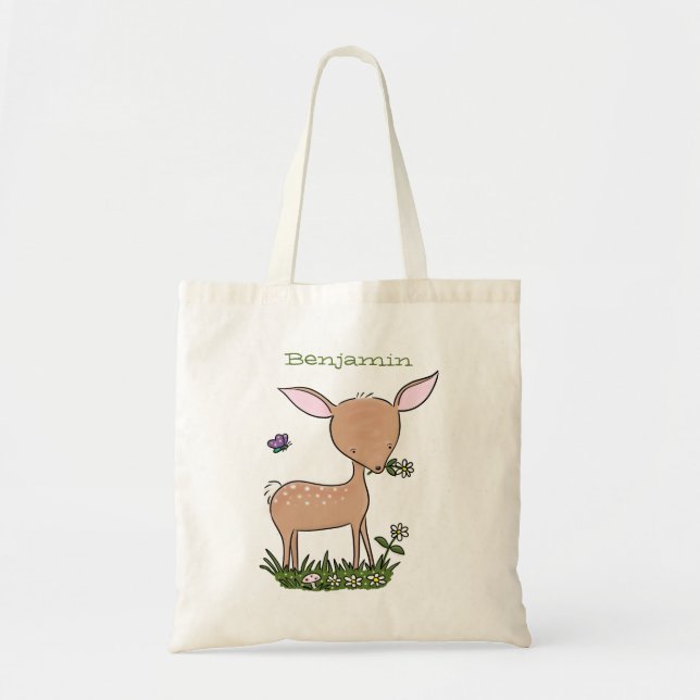 Cute happy baby deer cartoon illustration tote bag (Front)
