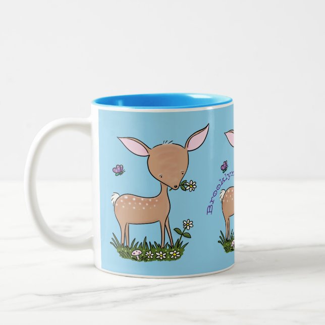 Cute happy baby deer cartoon illustration Two-Tone coffee mug (Left)