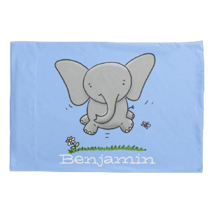 Cute happy baby elephant cartoon illustration pillowcase