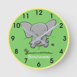 Cute happy baby elephant cartoon illustration round clock