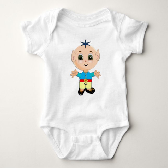 Cute happy baby elf in blue and yellow clothes baby bodysuit (Front)
