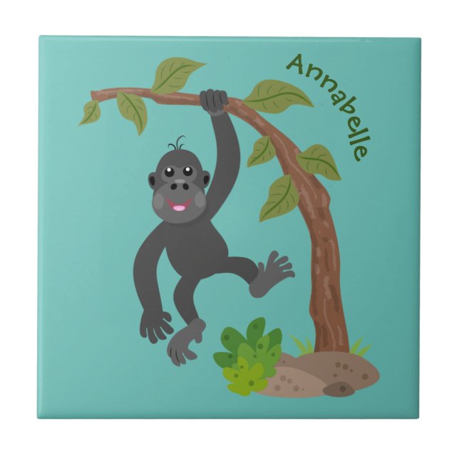 Cute happy baby gorilla cartoon illustration ceramic tile (Front)