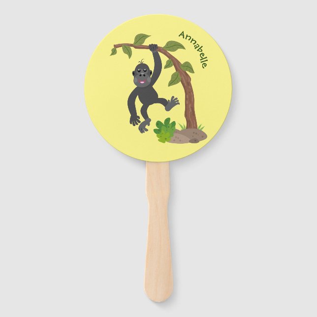 Cute happy baby gorilla cartoon illustration hand fan (Front)
