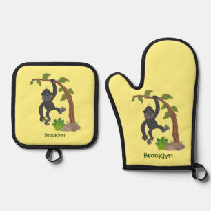 Cute happy baby gorilla cartoon illustration oven mitt & pot holder set