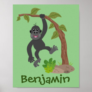 Cute happy baby gorilla cartoon illustration poster