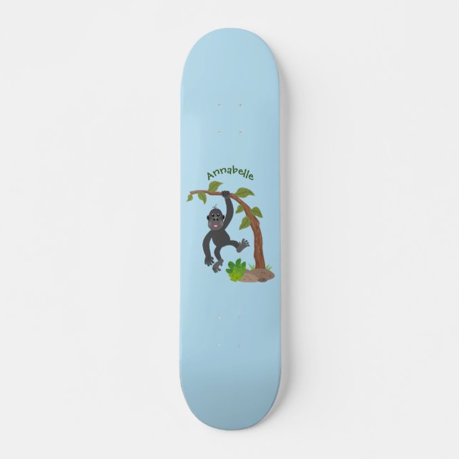 Cute happy baby gorilla cartoon illustration skateboard (Front)