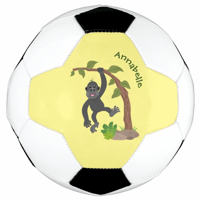 Cute happy baby gorilla cartoon illustration soccer ball (Front)