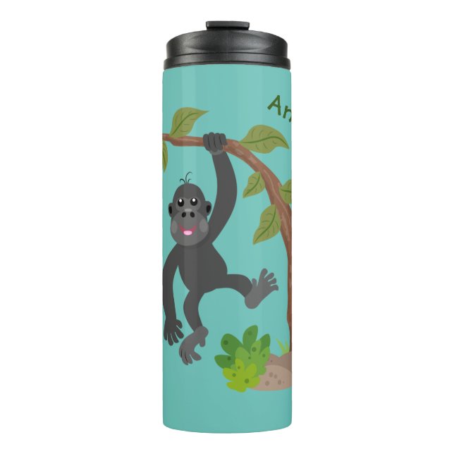 Cute happy baby gorilla cartoon illustration thermal tumbler (Front)
