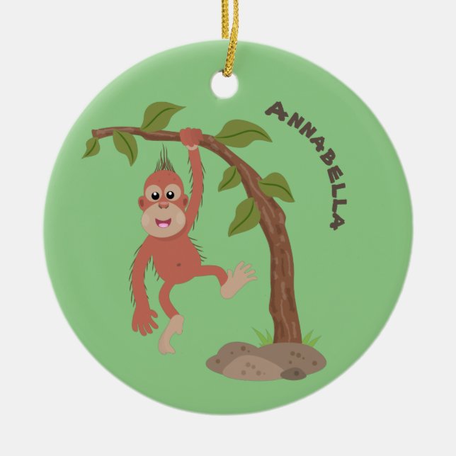 Cute happy baby orangutan cartoon illustration ceramic ornament (Front)