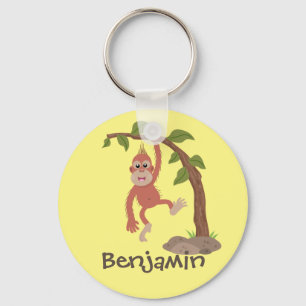 Cute happy baby orangutan cartoon illustration key ring