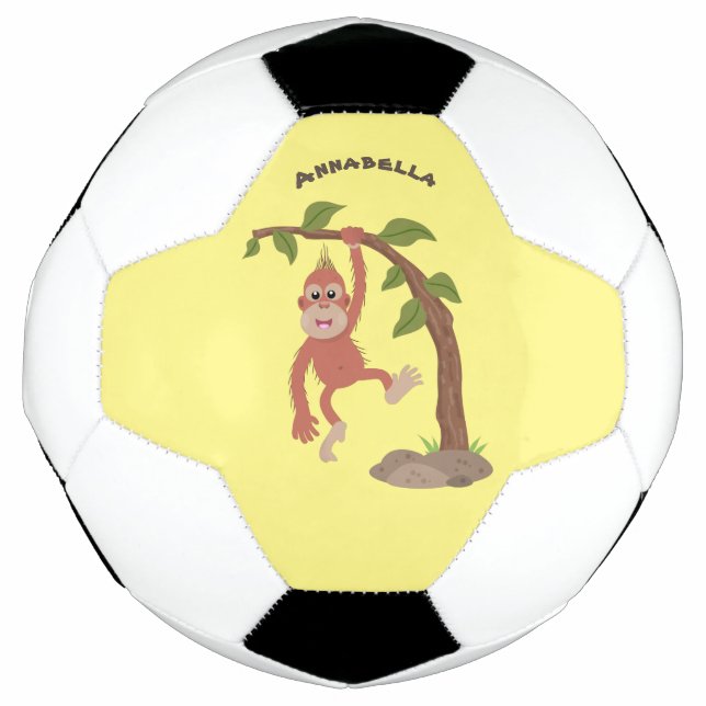 Cute happy baby orangutan cartoon illustration soccer ball (Front)