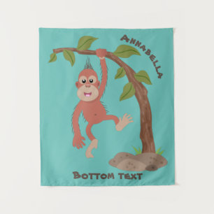 Cute happy baby orangutan cartoon illustration tapestry