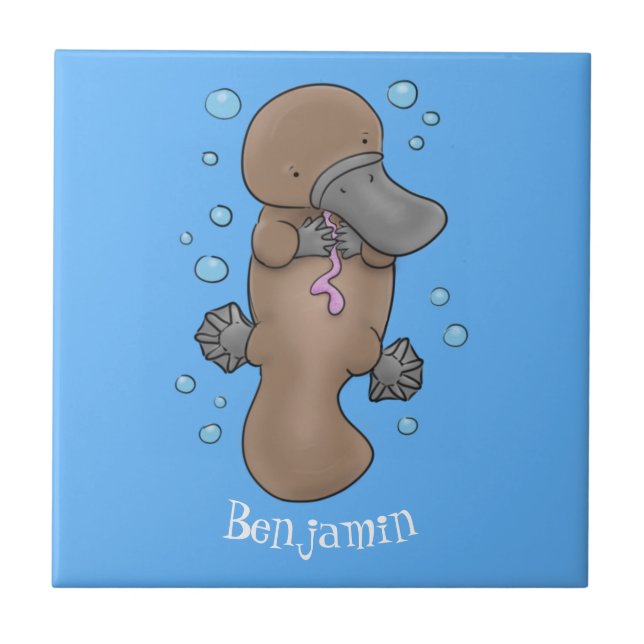 Cute happy baby platypus cartoon illustration ceramic tile (Front)