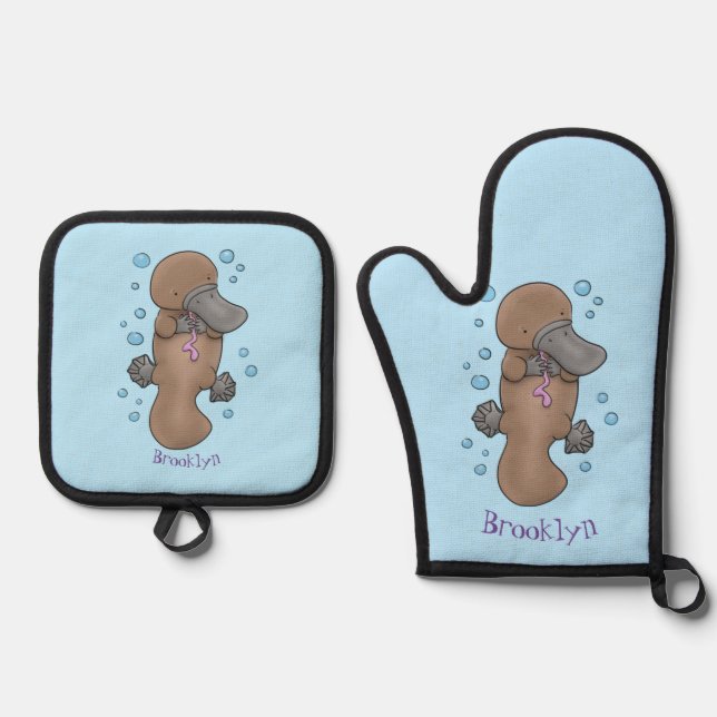 Cute happy baby platypus cartoon illustration oven mitt & pot holder set (Front)