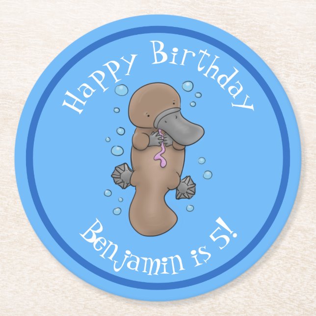 Cute happy baby platypus cartoon illustration round paper coaster (Front)