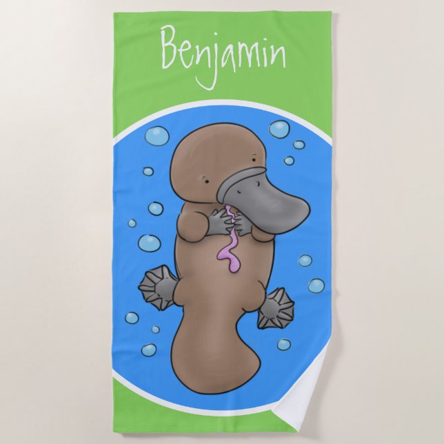 Cute happy baby platypus illustration beach towel (Front)