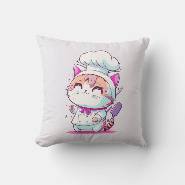 Cute Happy Baker Pastry Chef Cat Kitten | Cushion (Front)
