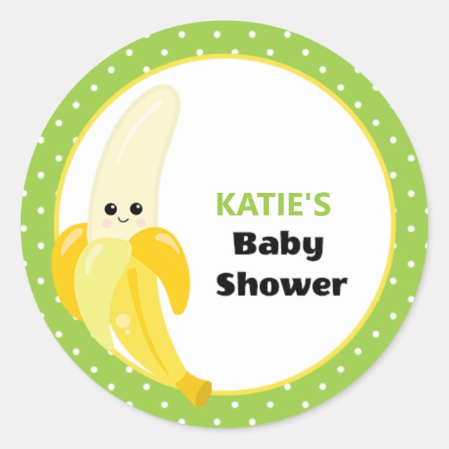 Cute Happy Banana Baby Shower Monogram Classic Round Sticker (Front)