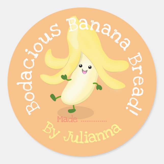 Cute happy banana bread cartoon illustration label (Front)