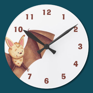 Cute Happy Bat Cartoon Nursery Brown Round Clock