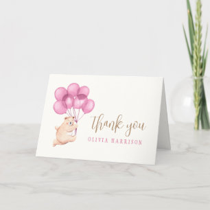 Cute Happy Bear Pink Balloon Baby Shower Thank You Card