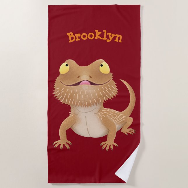 Cute happy bearded dragon lizard cartoon  beach to towel (Front)