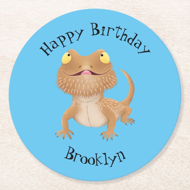 Cute happy bearded dragon lizard cartoon round paper coaster (Front)