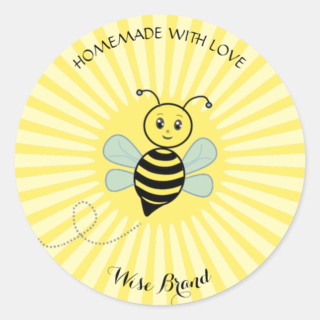 Cute Happy Bee and Sun Rays Homemade Classic Round Sticker (Front)