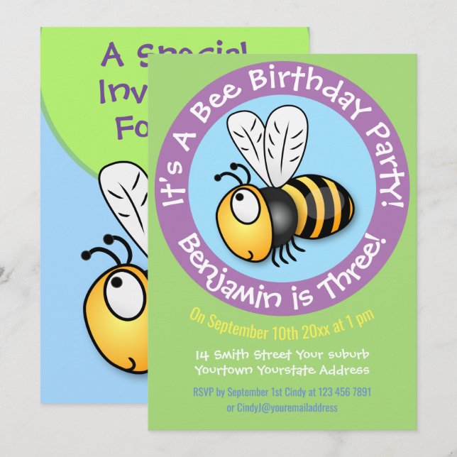 Cute happy bee cartoon illustration 3 years invitation (Front/Back)