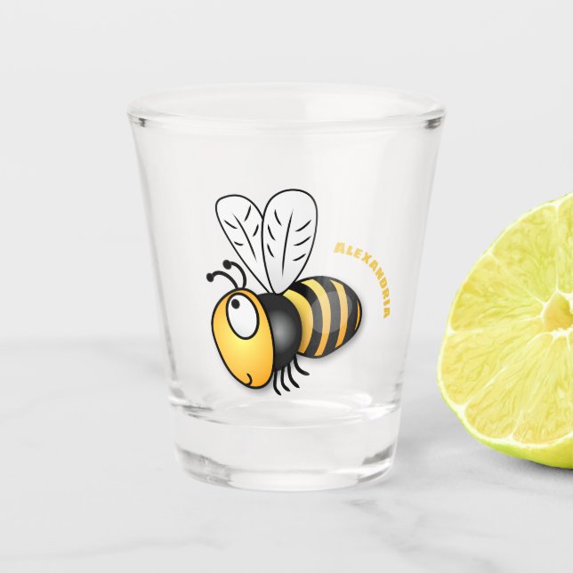 Cute happy bee cartoon illustration shot glass (Front)