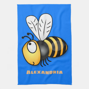 Cute happy bee cartoon illustration tea towel