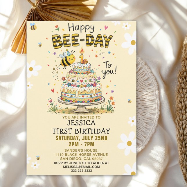 Cute Happy Bee-Day 1st Birthday for Kids Invitation (Creator Uploaded)