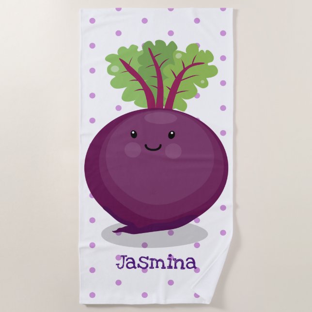 Cute happy beet root kitchen cartoon illustration beach towel (Front)
