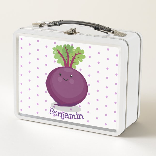 Cute happy beet root kitchen cartoon illustration metal lunch box (Front)