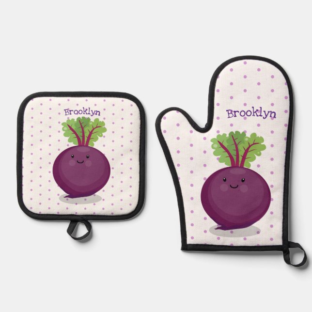 Cute happy beet root kitchen cartoon illustration oven mitt & pot holder set (Front)