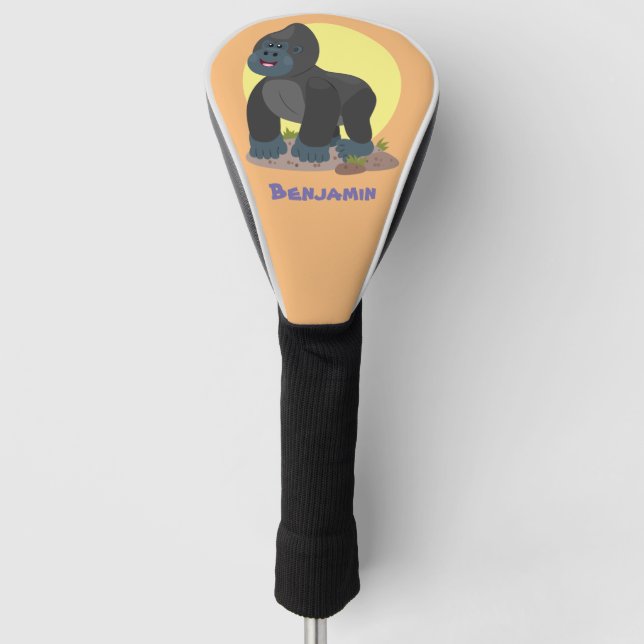 Cute happy big gorilla cartoon illustration golf head cover (Front)