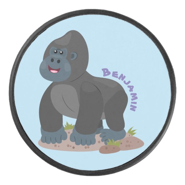 Cute happy big gorilla cartoon illustration hockey puck (Front)