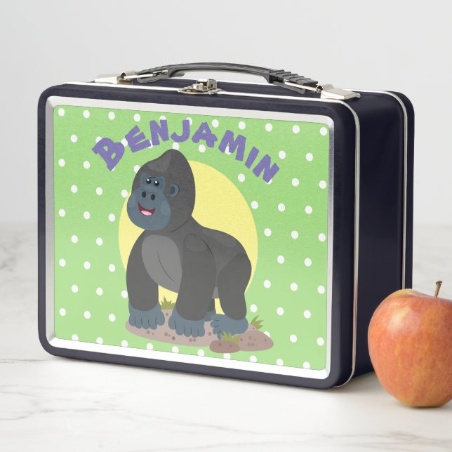 Cute happy big gorilla cartoon illustration metal lunch box (In Situ)