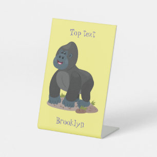 Cute happy big gorilla cartoon illustration pedestal sign