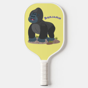 Cute happy big gorilla cartoon illustration pickleball paddle