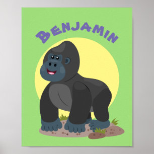 Cute happy big gorilla cartoon illustration poster