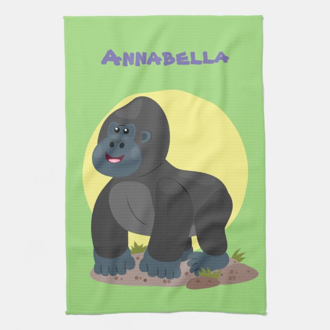 Cute happy big gorilla cartoon illustration tea towel (Vertical)
