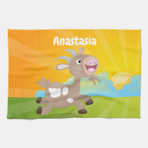 Cute happy billy goat cartoon tea towel