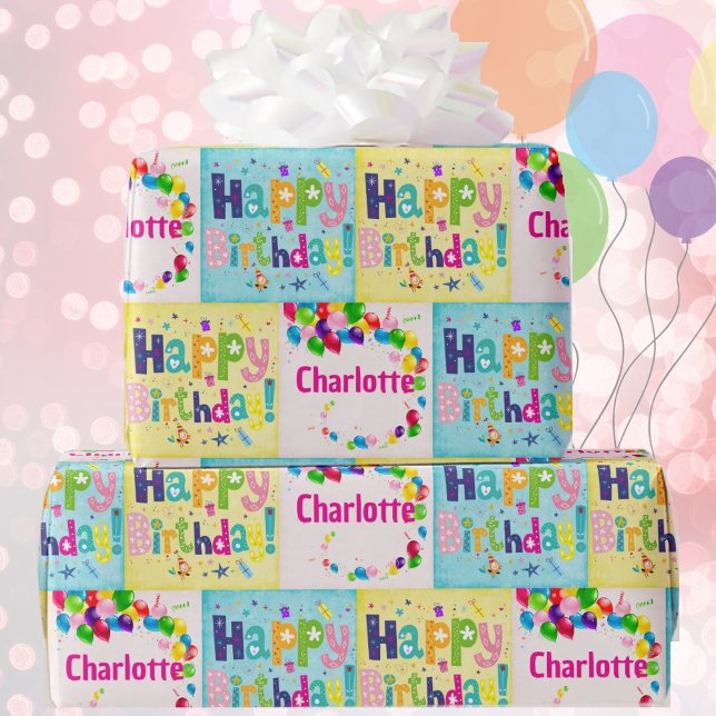 Cute Happy Birthday Add Her Name Wrapping Paper (Creator Uploaded)